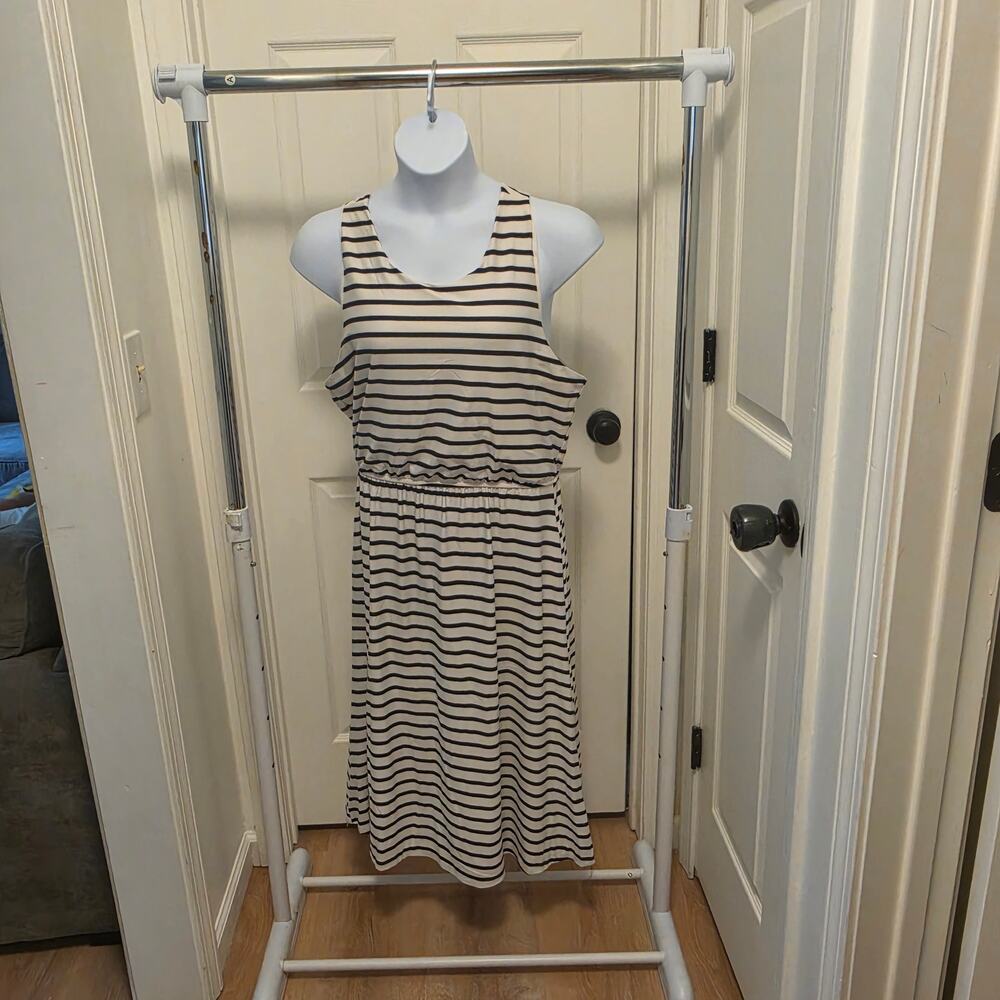 Hazel Blues 3x Midi Racer Back White and Navy Striped Dress